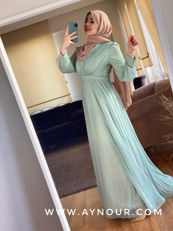 Adorable Princess Mint Modest Dress - Aynour.com
