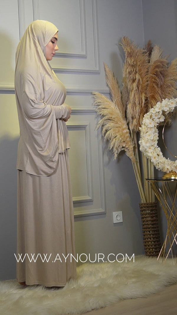 Beige Breathable Prayer Set 2 Piece Headscarf Skirt Islamic Hijab Luxurious Cotton Lycra - Aynour.com
