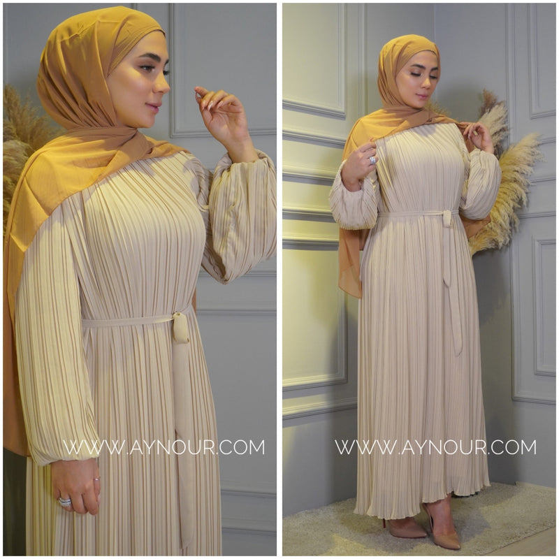 Bieage Pleated chiffon with belt fully lined Modest Dress autumn collection 2022 - Aynour.com