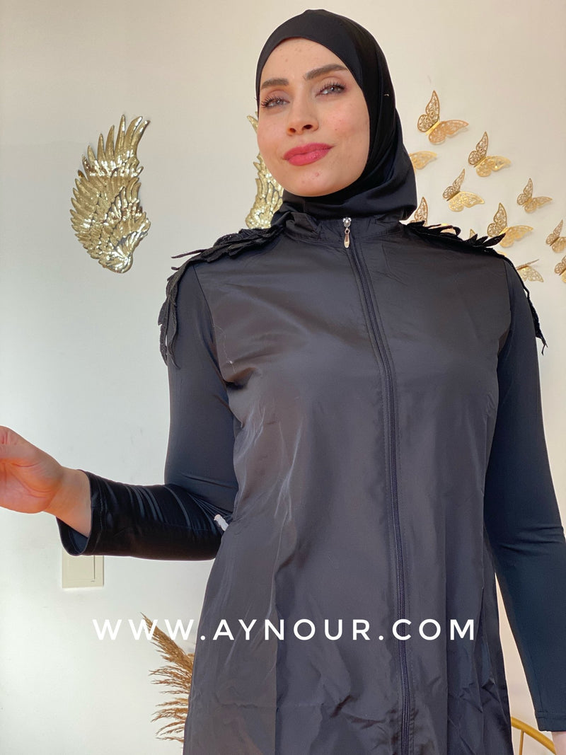 Black butterfly full suit 4 pieces swimming wear hijab burkini Collection - Aynour.com