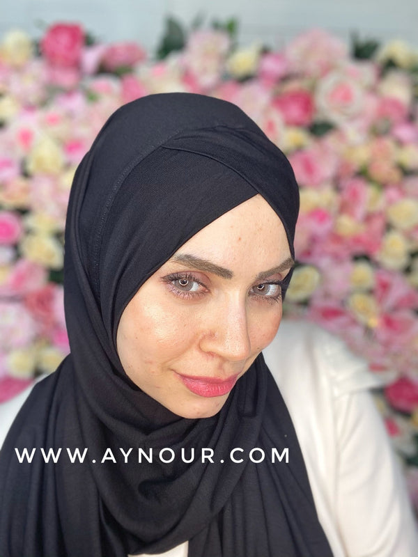 Black instant cotton cross luxrious smart no pin scarf Instant Hijab 2021 - Aynour.com