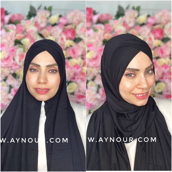 Black instant cotton cross luxrious smart no pin scarf Instant Hijab 2021 - Aynour.com