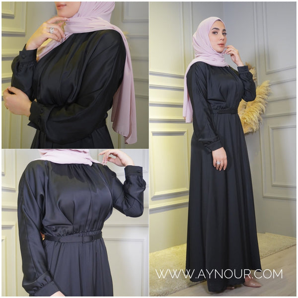 Black satin glowry Modest Dress Eid collection 2022 - Aynour.com