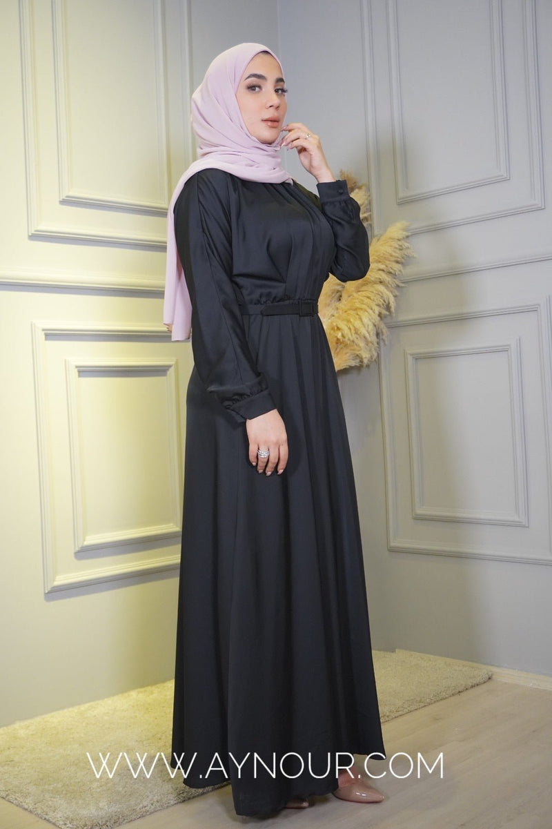 Black satin glowry Modest Dress Eid collection 2022 - Aynour.com
