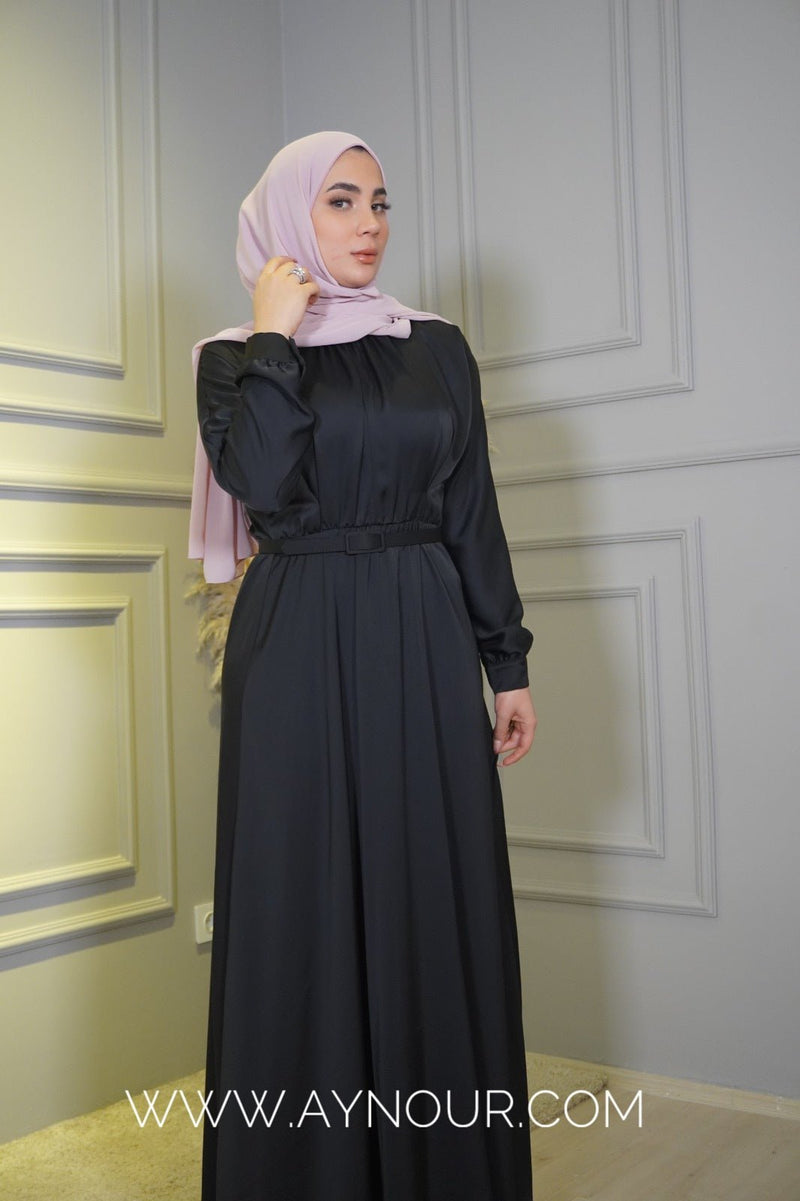 Black satin glowry Modest Dress Eid collection 2022 - Aynour.com
