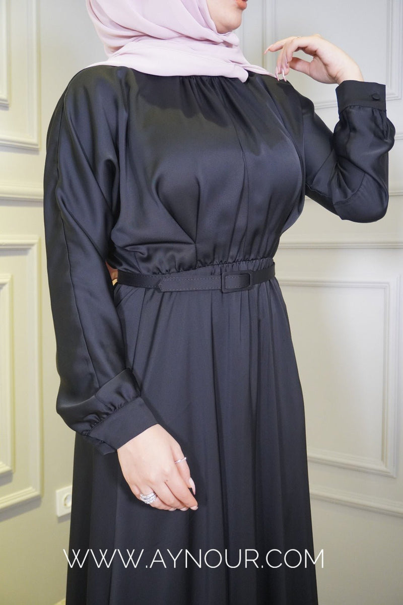Black satin glowry Modest Dress Eid collection 2022 - Aynour.com