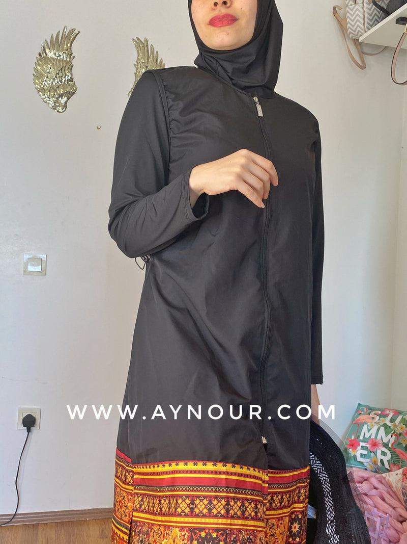 Black with classy drawing full suit 4 pieces swimming wear hijab burkini Collection - Aynour.com