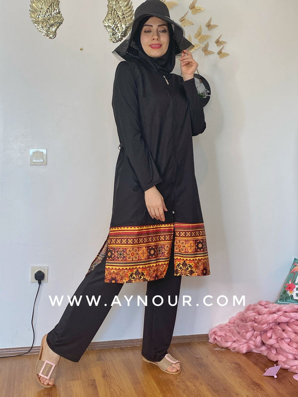 Black with classy drawing full suit 4 pieces swimming wear hijab burkini Collection - Aynour.com