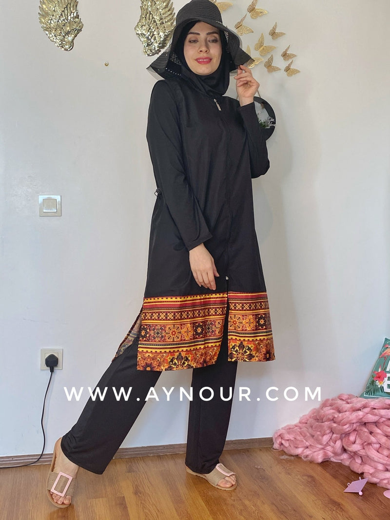 Black with classy drawing full suit 4 pieces swimming wear hijab burkini Collection - Aynour.com
