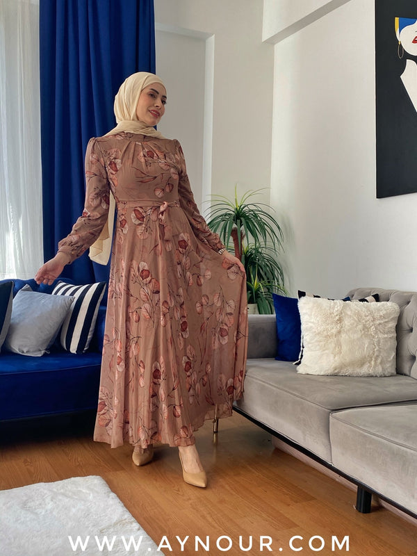 Choco flowers vibes Modest Dress summer collection 2021 - Aynour.com
