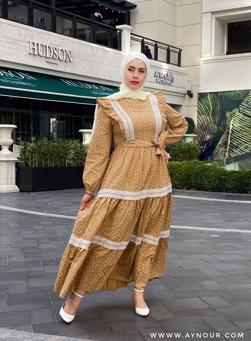 Cinderella yellow Modest Dress with belt spring collection 2021 - Aynour.com