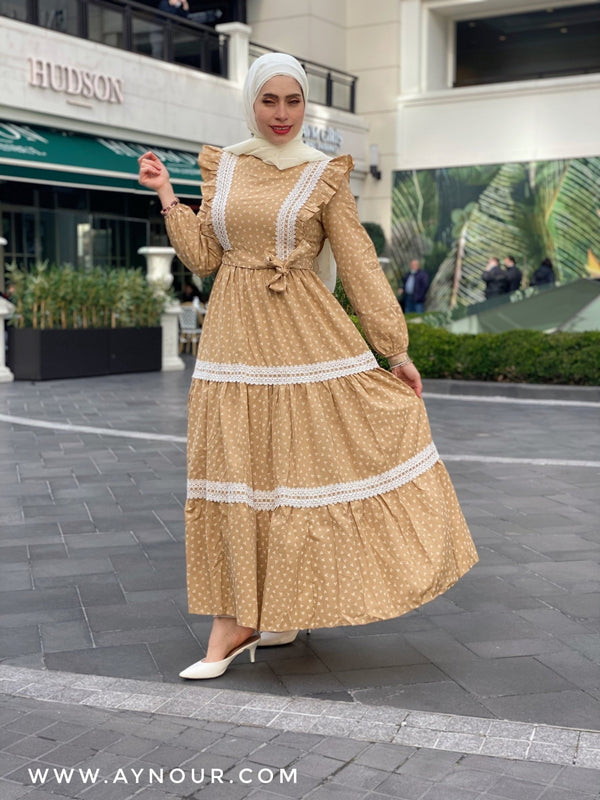 Cinderella yellow Modest Dress with belt spring collection 2021 - Aynour.com