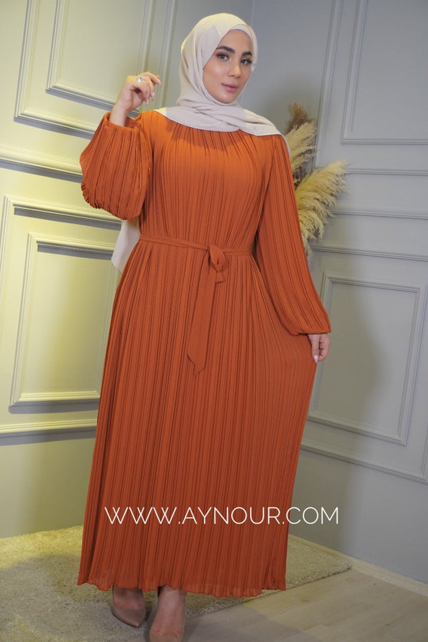 Dark orange Pleated chiffon with belt fully lined Modest Dress autumn collection 2022 - Aynour.com