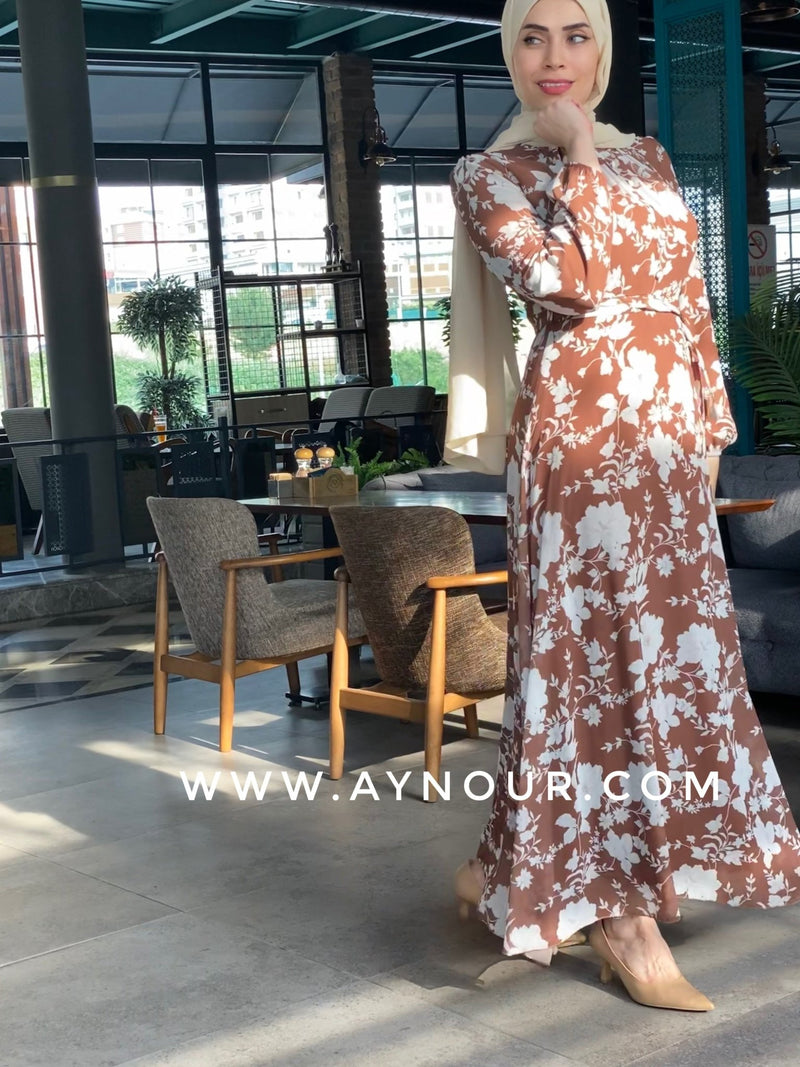 Flower in brown love fully lined chiffon Modest Dress - Aynour.com