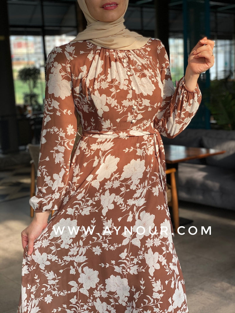 Flower in brown love fully lined chiffon Modest Dress - Aynour.com