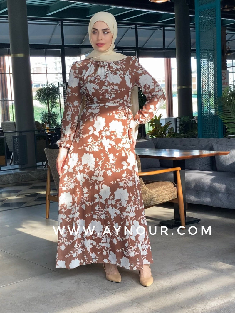 Flower in brown love fully lined chiffon Modest Dress - Aynour.com