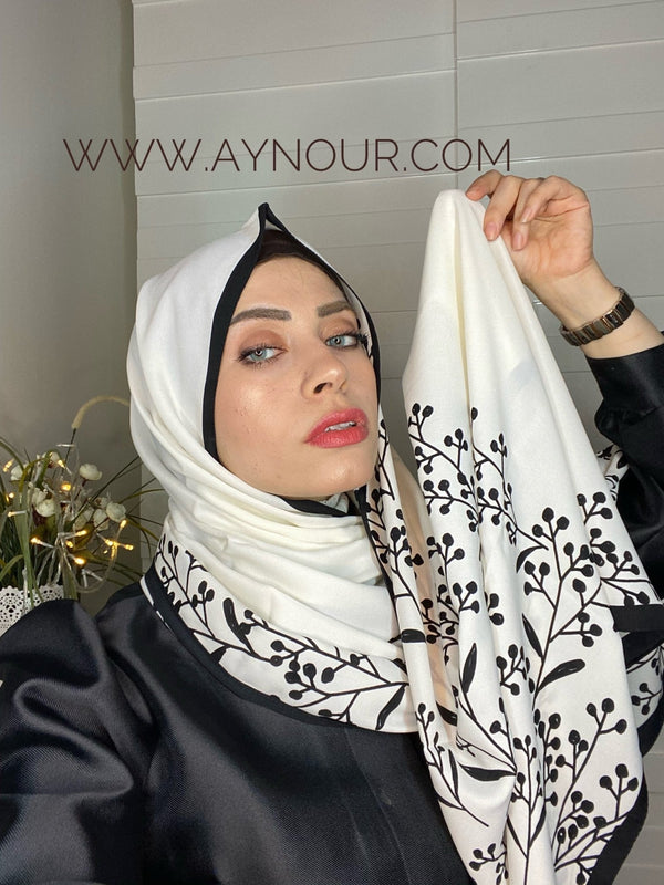 Flowers with white vibes Printed non transparent luxurious fabric Hijab 2021 - Aynour.com