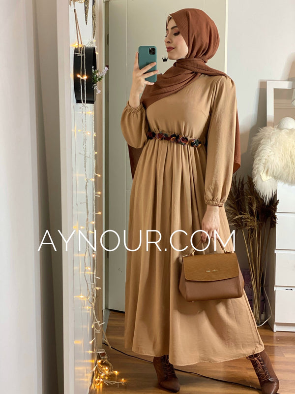 Flowery Brown regular and plus size Modest Dress 2020 - Aynour.com