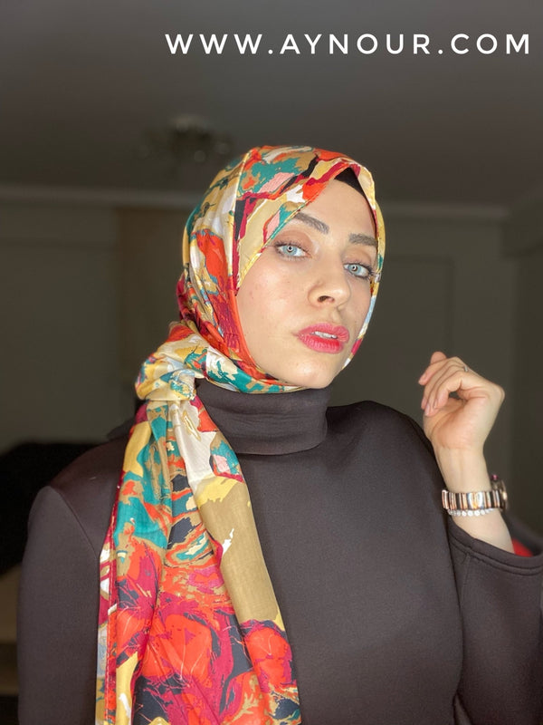 flowry red satin classy non transparent luxurious fabric Hijab 2021 - Aynour.com