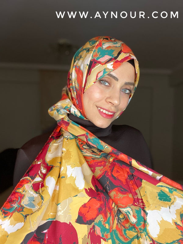 flowry red satin classy non transparent luxurious fabric Hijab 2021 - Aynour.com