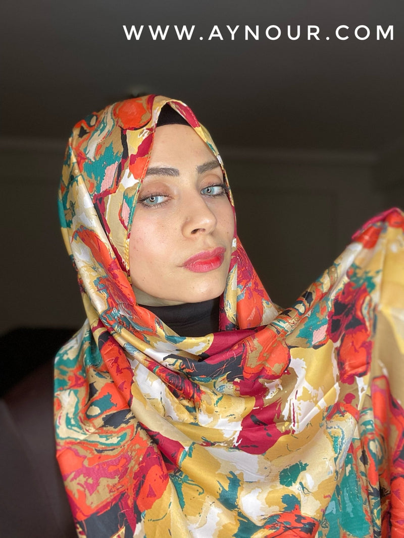 flowry red satin classy non transparent luxurious fabric Hijab 2021 - Aynour.com