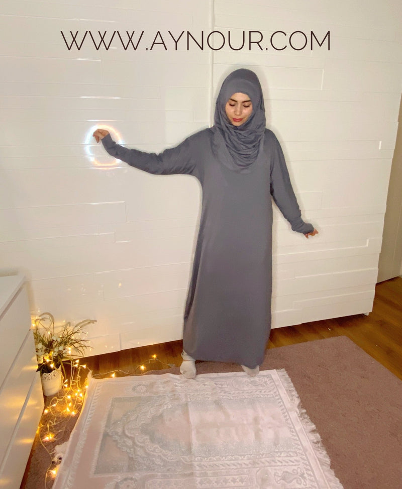 Gray Breathable Prayer 1Piece Headscarf and long jilbab attached Islamic Hijab Luxurious Cotton Lycra - Aynour.com