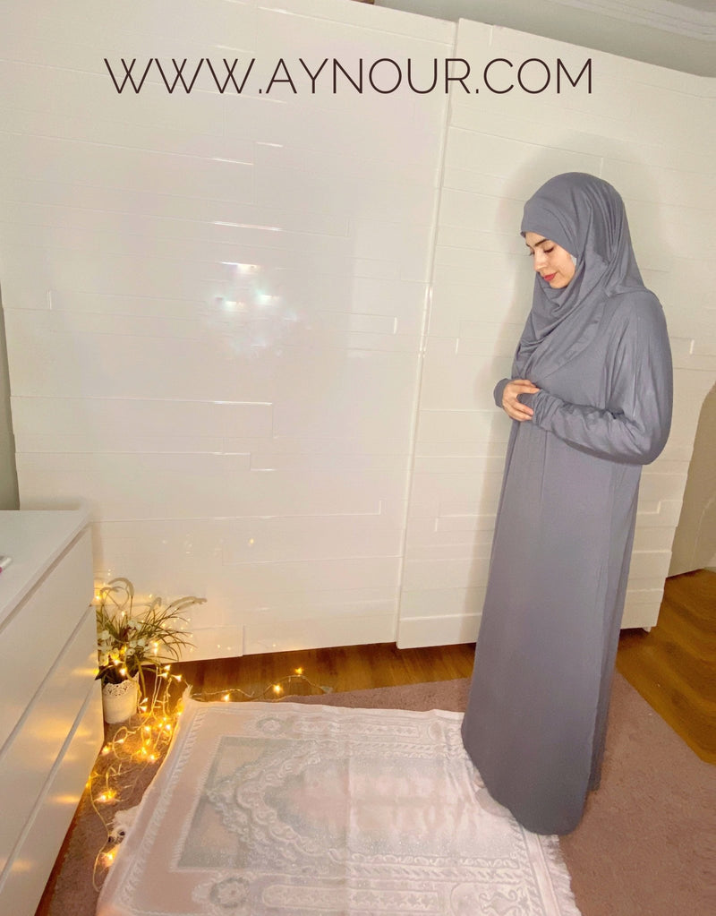 Gray Breathable Prayer 1Piece Headscarf and long jilbab attached Islamic Hijab Luxurious Cotton Lycra - Aynour.com