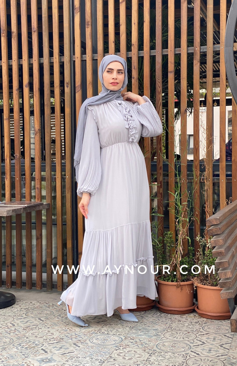 Gray love fully lined chiffon Modest Dress - Aynour.com
