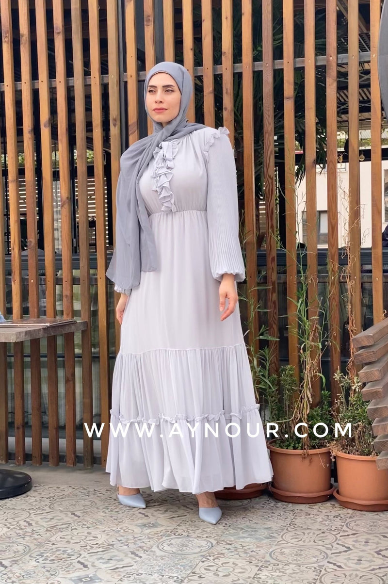 Gray love fully lined chiffon Modest Dress - Aynour.com