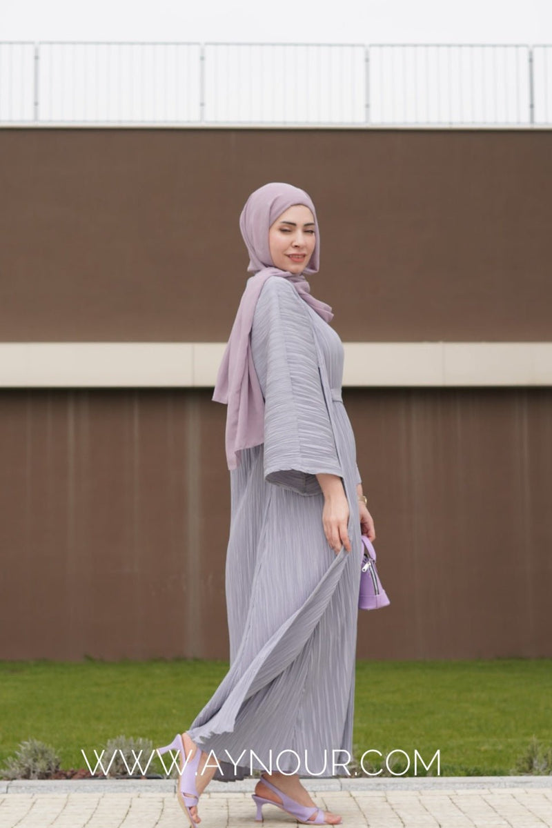 JOOD gray luxurious platted abaya 3 pieces - Aynour.com