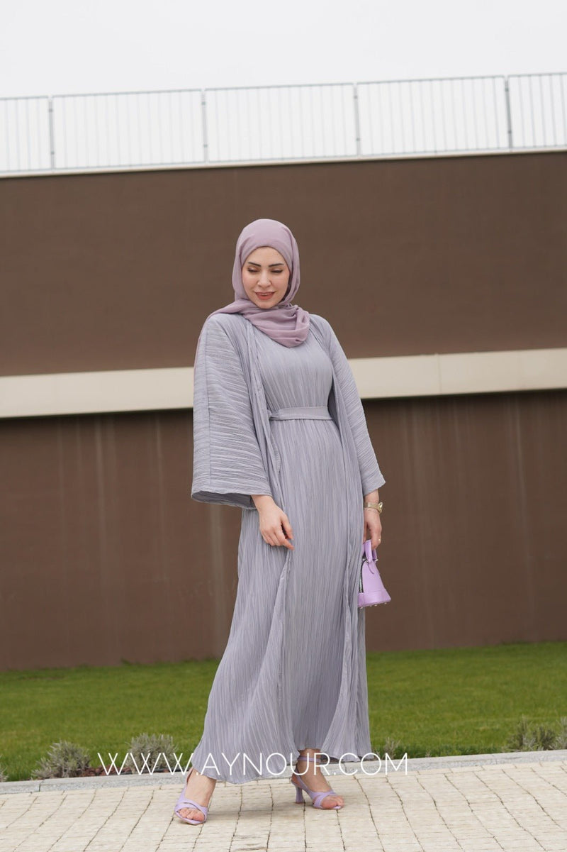 JOOD gray luxurious platted abaya 3 pieces - Aynour.com