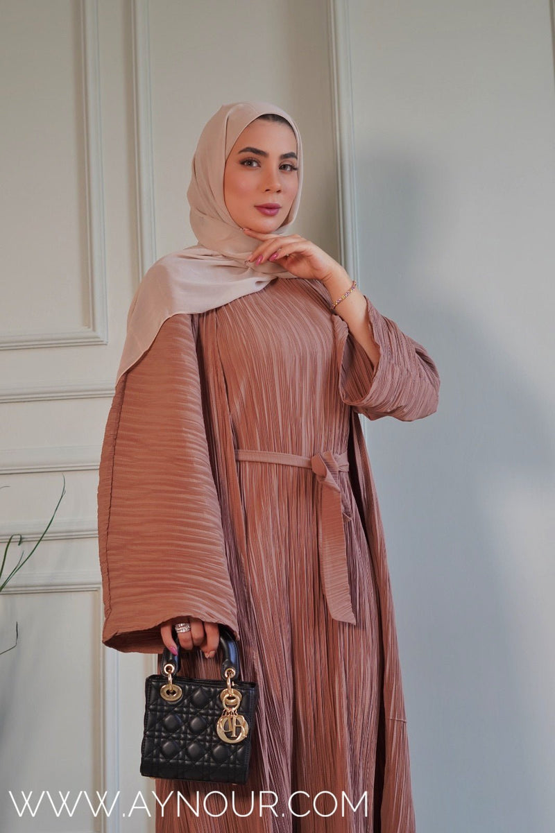 JOOD nuts brown luxurious platted abaya - Aynour.com
