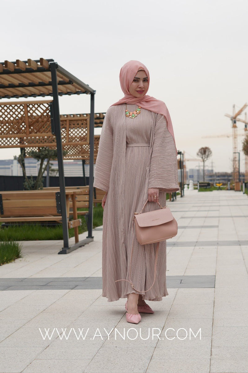 JOOD soft Bieage luxurious platted abaya 3 pieces - Aynour.com