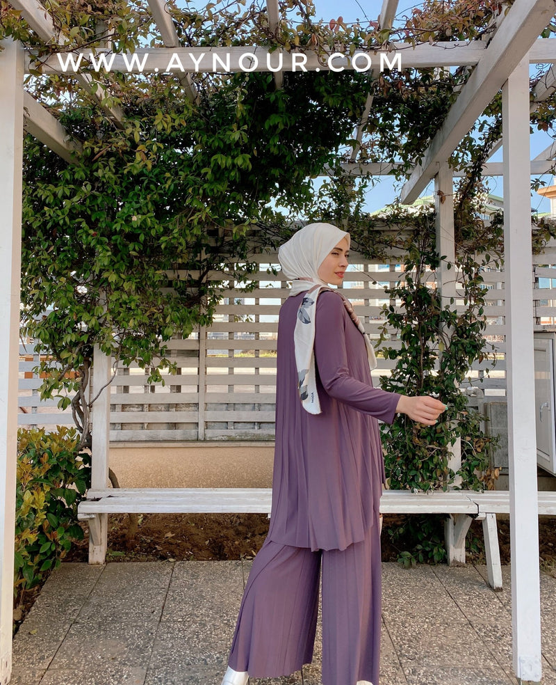 Light purple Wide one size Islamic classy suit 2 pieces top and pant - Aynour.com