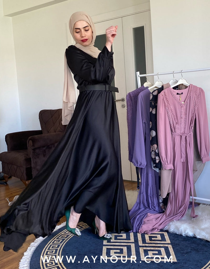 Luxurious black satin amazing Modest Dress with belt Eid collection 2021 - Aynour.com