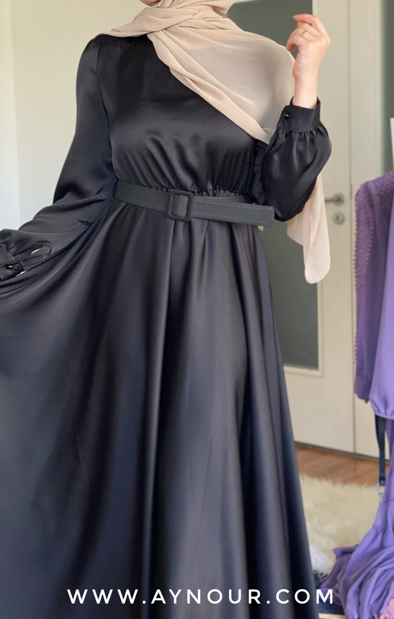 Luxurious black satin amazing Modest Dress with belt Eid collection 2021 - Aynour.com