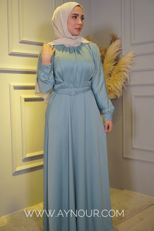 Mint satin glowry Modest Dress Eid collection 2022 - Aynour.com