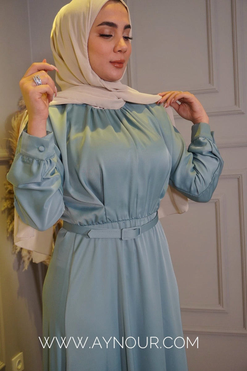 Mint satin glowry Modest Dress Eid collection 2022 - Aynour.com