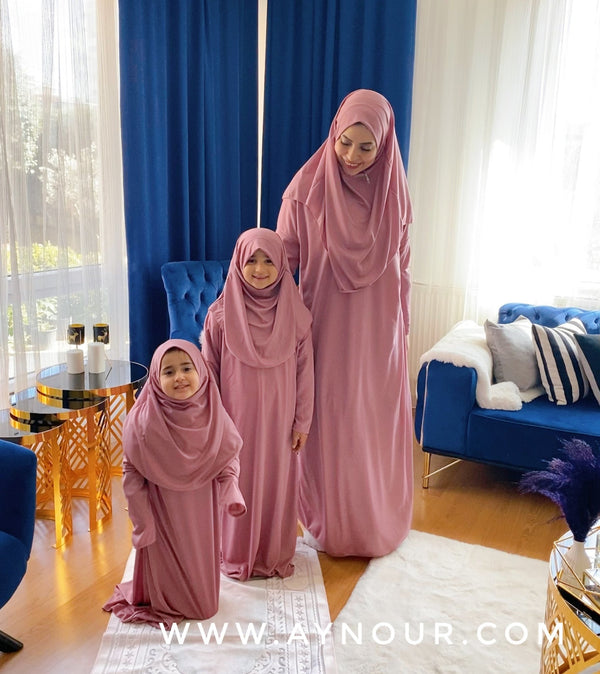 Mother and daughter prayer set Rosy sandy Prayer 2 items Headscarf and long jilbab attached Islamic Hijab - Aynour.com