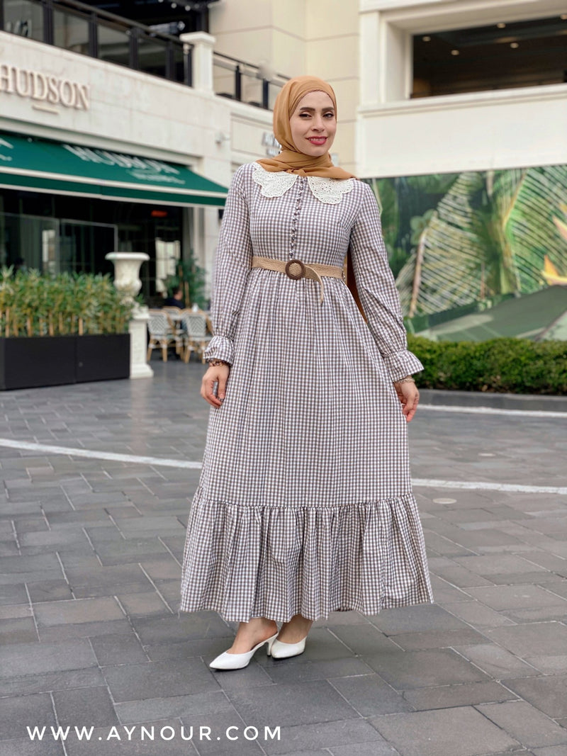 Natural vibes soft Modest Dress with belt spring collection 2021 - Aynour.com