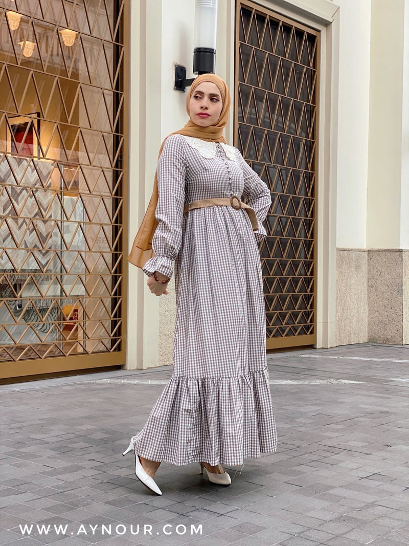 Natural vibes soft Modest Dress with belt spring collection 2021 - Aynour.com