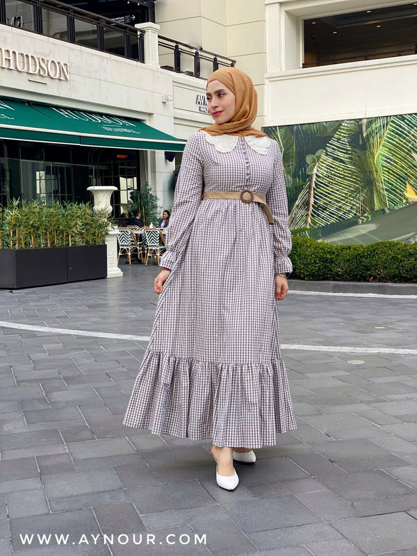 Natural vibes soft Modest Dress with belt spring collection 2021 - Aynour.com