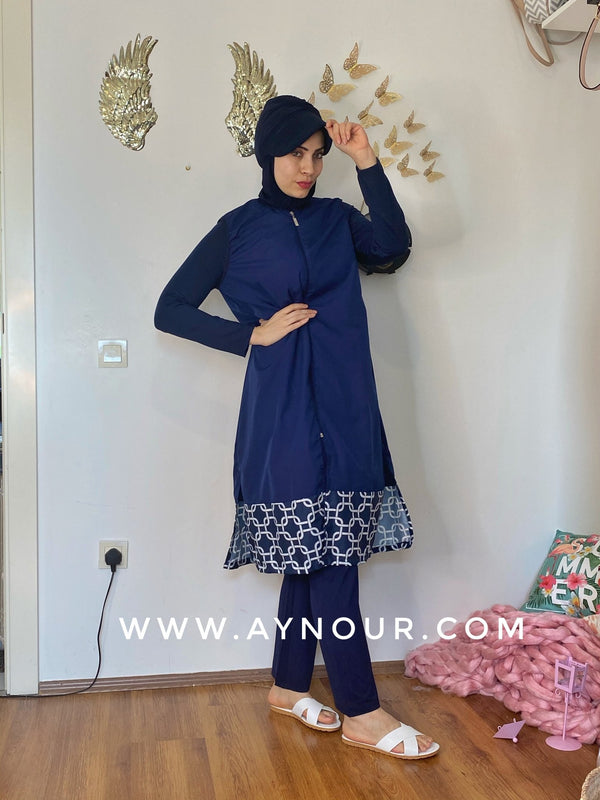 Navy with white full suit 4 pieces swimming wear hijab burkini Collection - Aynour.com