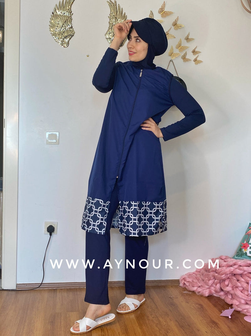 Navy with white full suit 4 pieces swimming wear hijab burkini Collection - Aynour.com