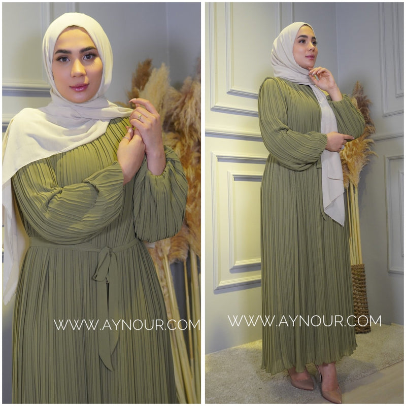 Olive green Pleated chiffon with belt fully lined Modest Dress autumn collection 2022 - Aynour.com
