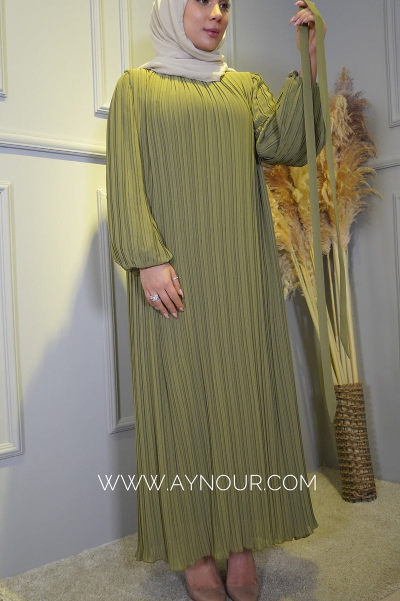 Olive green Pleated chiffon with belt fully lined Modest Dress autumn collection 2022 - Aynour.com