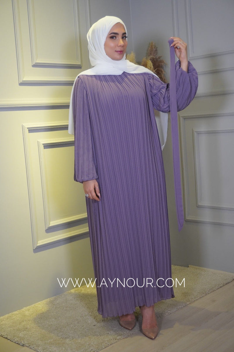 Purple Pleated chiffon with belt fully lined Modest Dress autumn collection 2022 - Aynour.com
