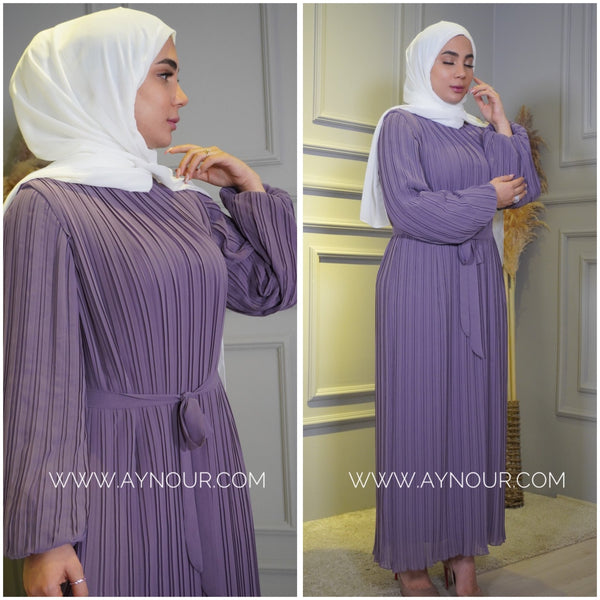 Purple Pleated chiffon with belt fully lined Modest Dress autumn collection 2022 - Aynour.com