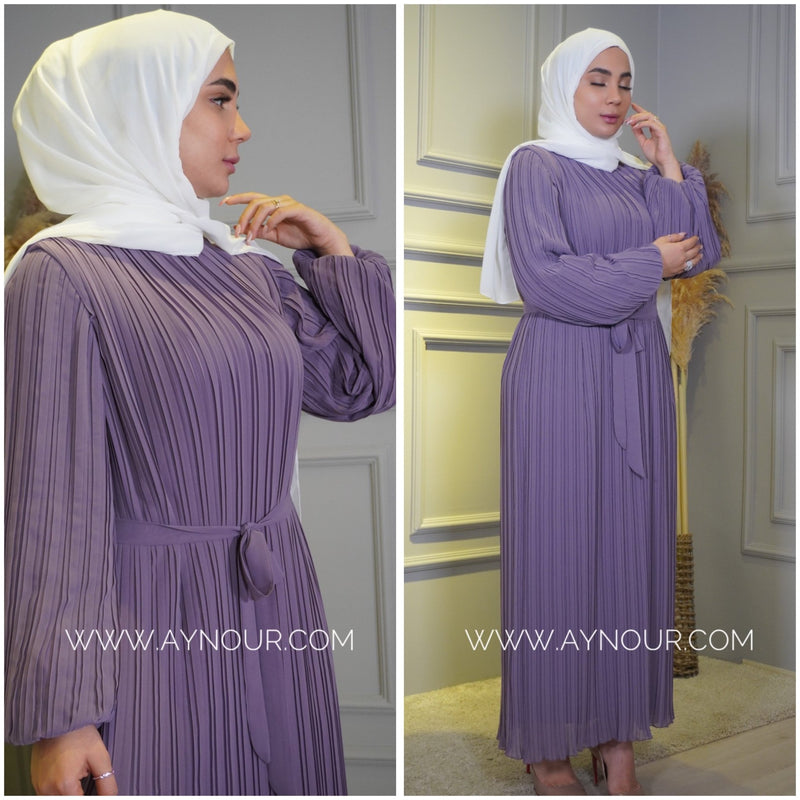 Purple Pleated chiffon with belt fully lined Modest Dress autumn collection 2022 - Aynour.com