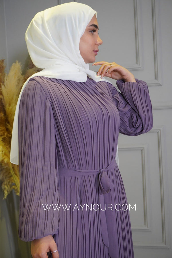 Purple Pleated chiffon with belt fully lined Modest Dress autumn collection 2022 - Aynour.com
